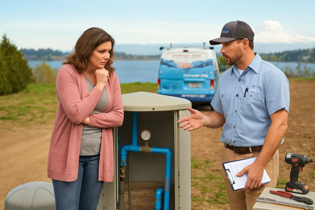 Homeowner and technician inspect outdoor well pump system in Olympia