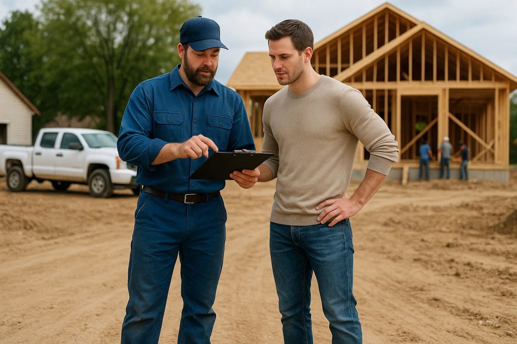 Well drilling expert in blue work shirt and Carhartt-style pants explaining plans on a clipboard to a mid-30s white male homeowner at a dirt construction site with a framed house, work trucks, and builders in the background
