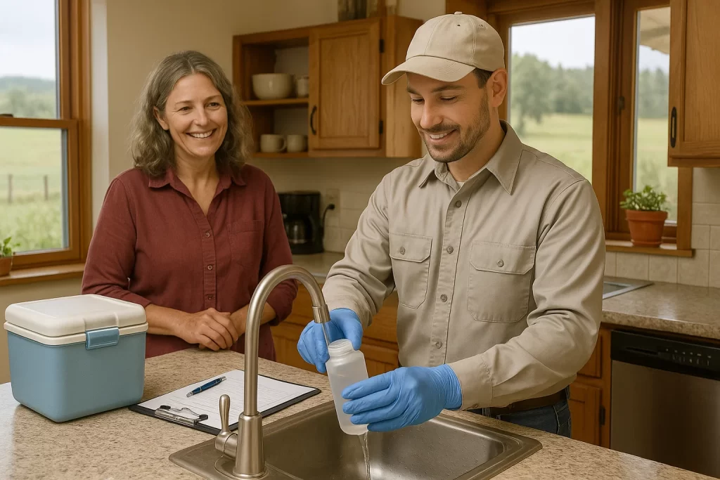Homeowner and technician collecting indoor water sample for well testing