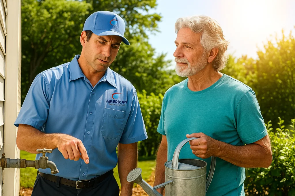 Homeowner and plumber checking outdoor hose connection during summer heatwave