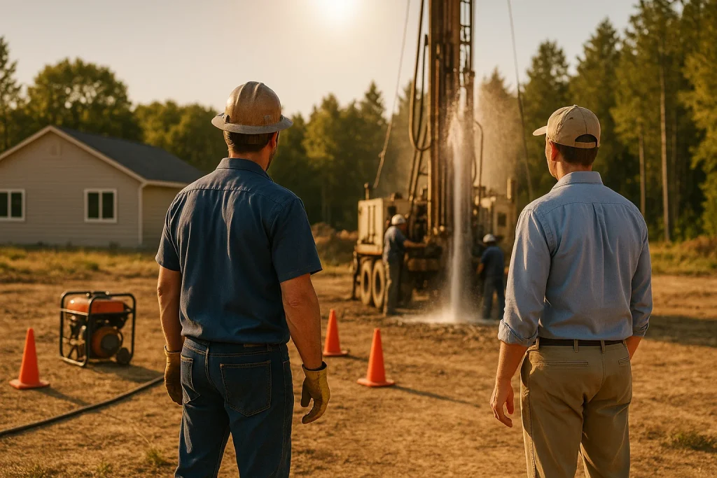 Well technician inspects drill pipe during June install in Rochester, WA
