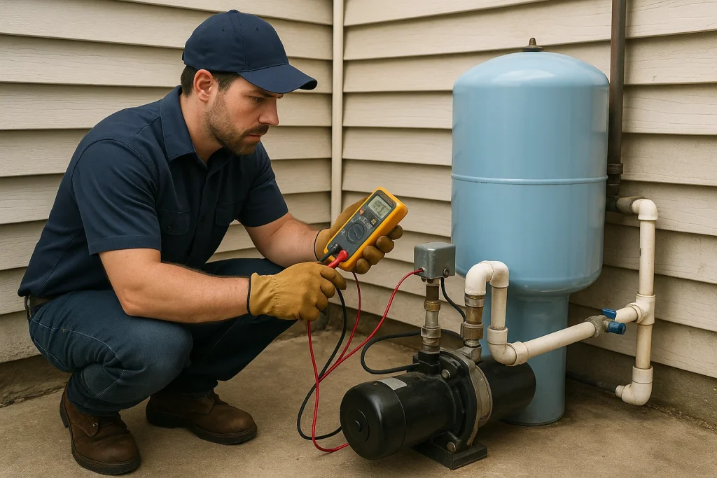 Technician using multimeter to diagnose a well pump system in residential basement