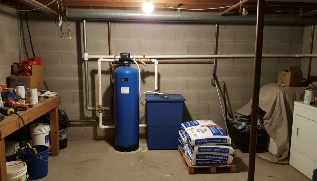 A whole-home water softener system removes minerals from hard water using ion exchange.