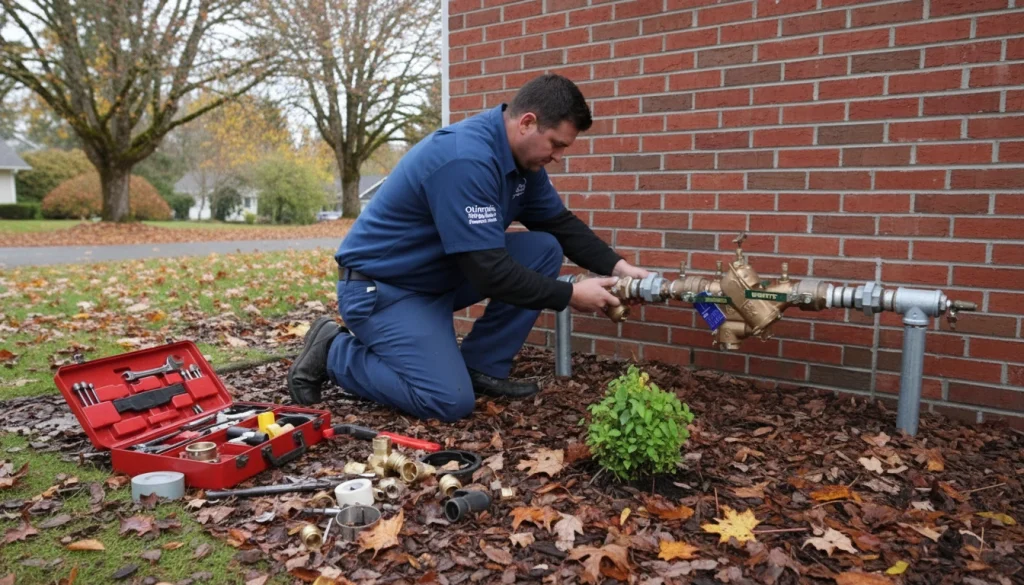 Plumber installs a backflow preventer valve on a home’s main water line to protect clean water supply.