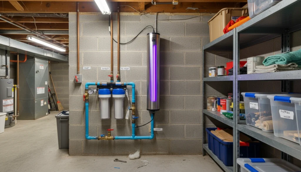 Professionally installed UV water purifier with pre-filtration in a home basement.