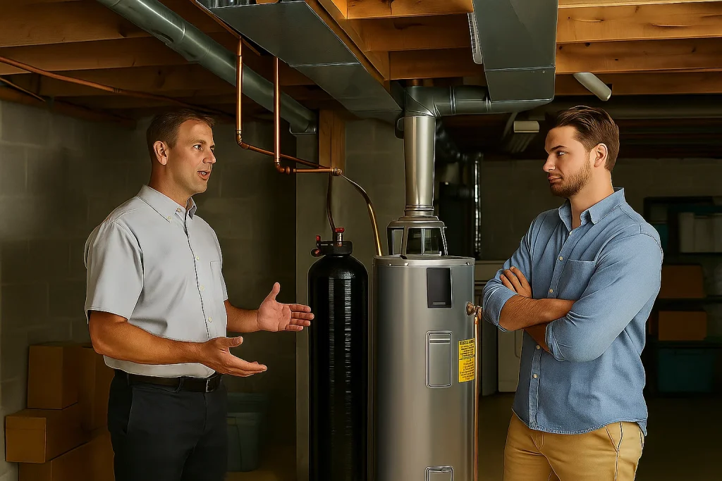 A plumber and a homeowner discussing a home shield water filter
