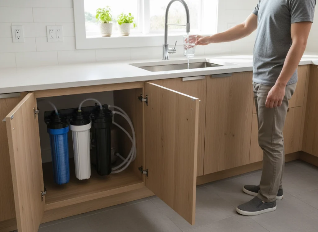 Homeowner fills a glass with purified water from a reverse osmosis tap in a bright kitchen