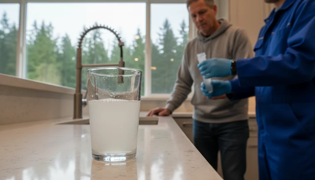 Homeowner watches technician collect water sample from cloudy tap in rural Washington kitchen.