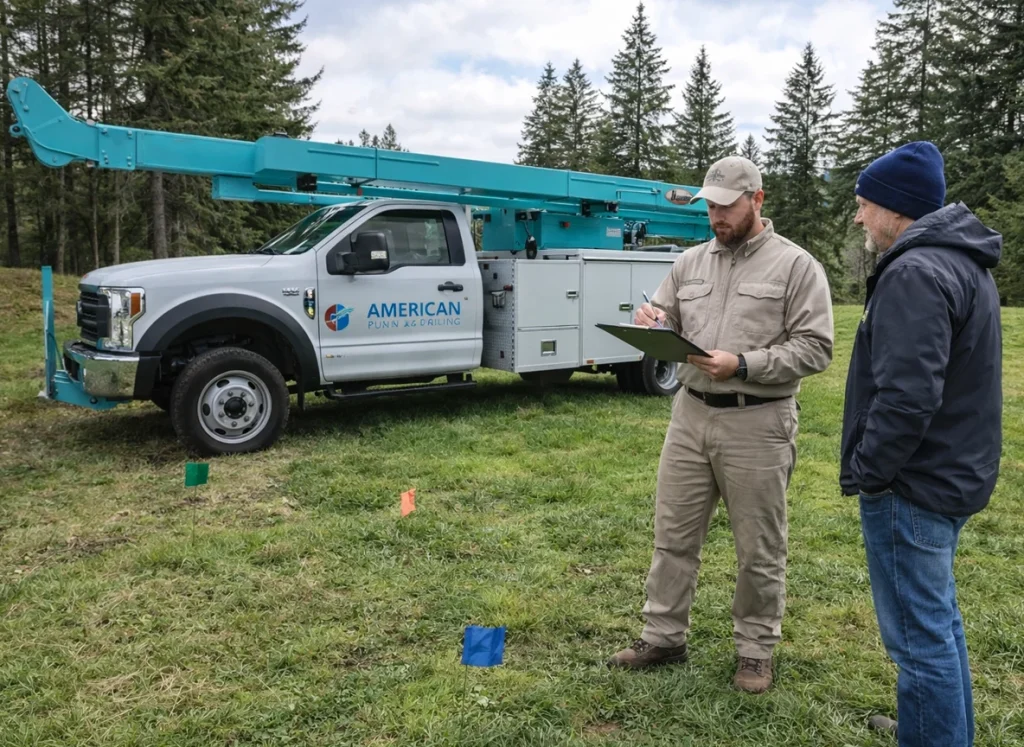 Well technician and homeowner evaluate potential drilling site near Olympia