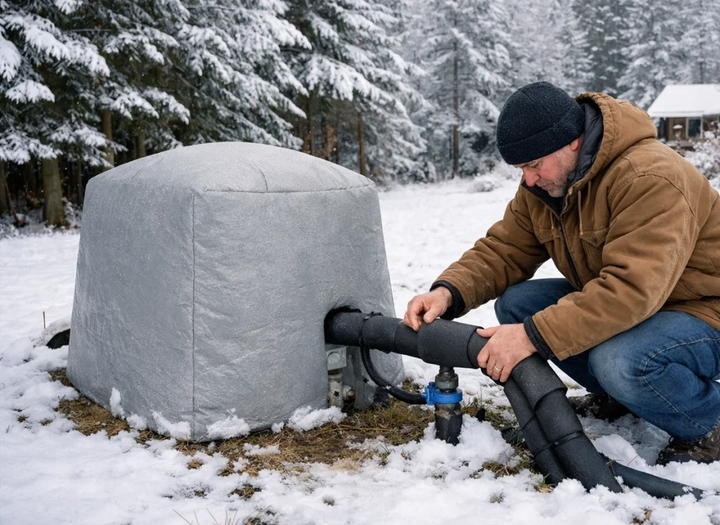 Olympia homeowner checks insulation around outdoor wellhead and pipes after snowfall
