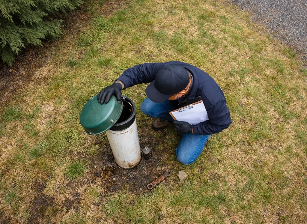 Home inspector examining residential well head during property inspection