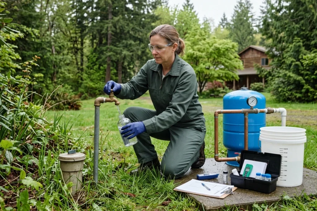 Well inspector collecting water sample for home sale