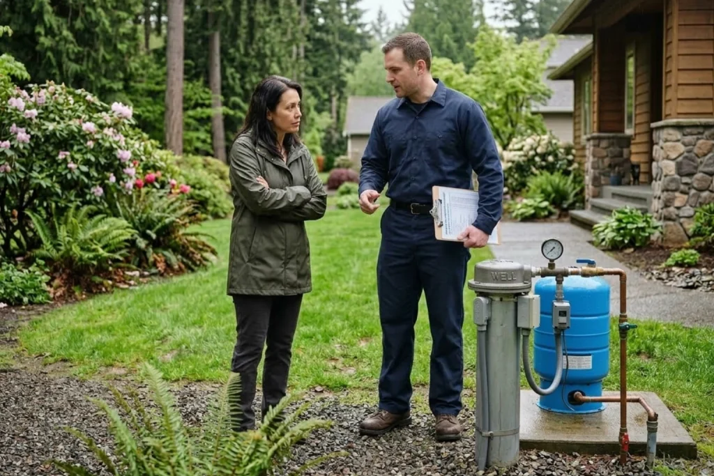 Homeowner reviewing spring well inspection checklist