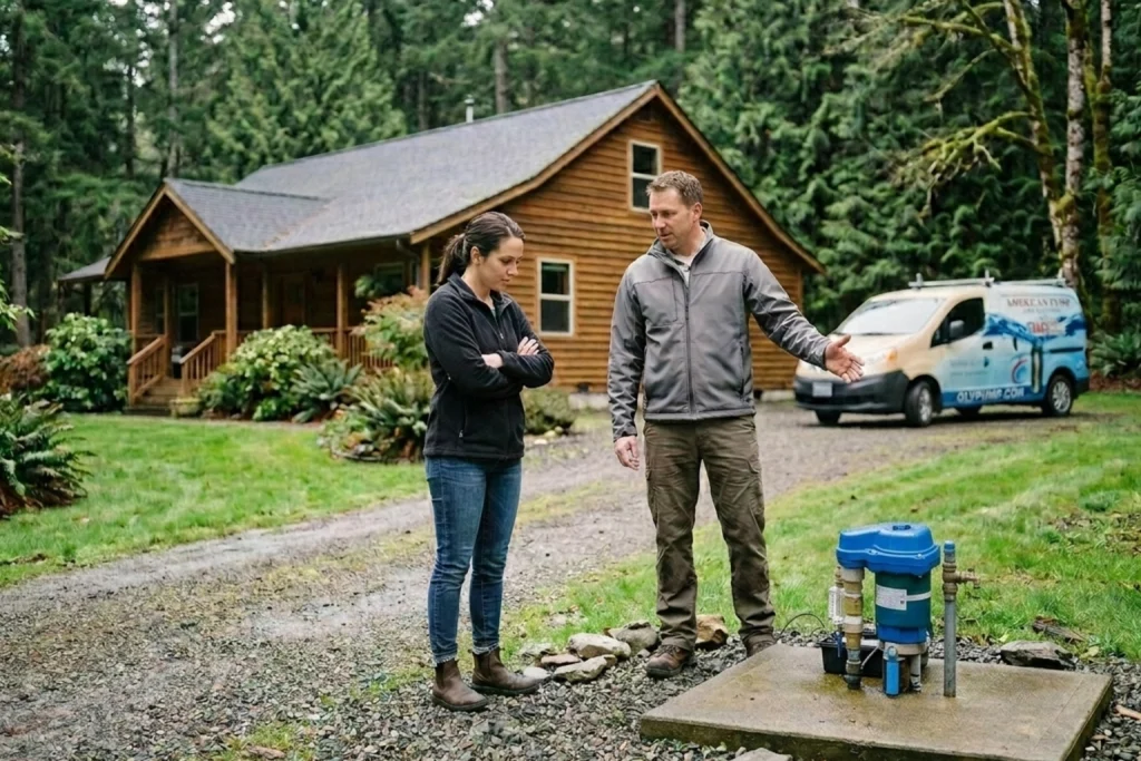 Homebuyer discussing private well inspection with technician