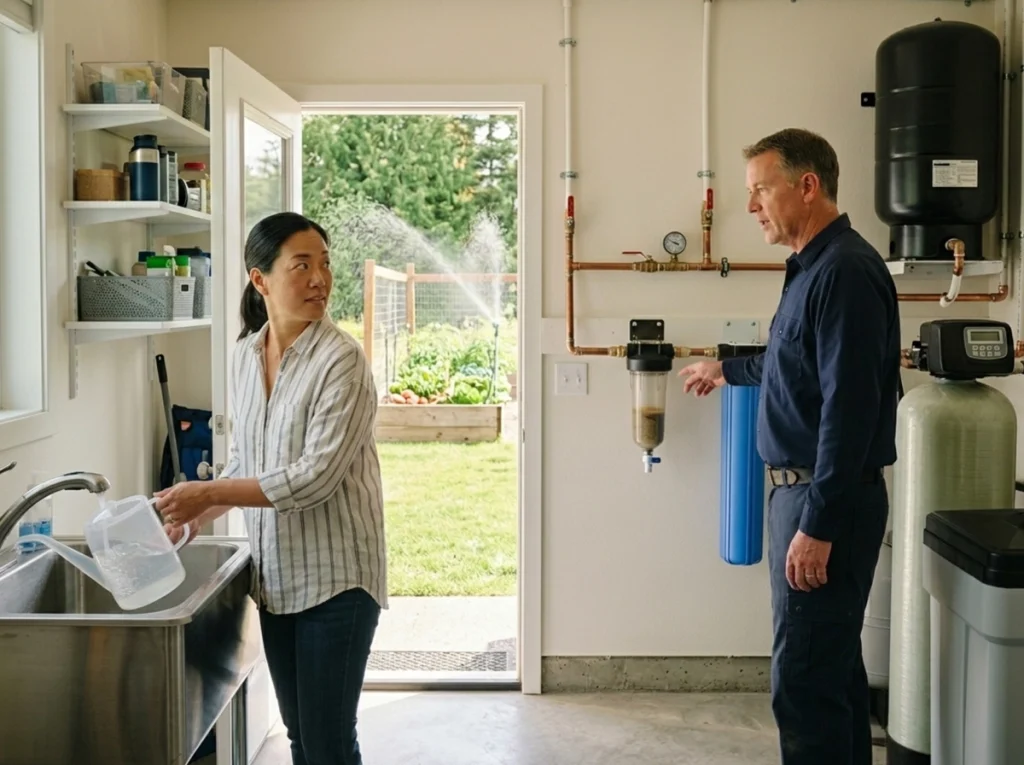 Olympia homeowner reviewing well filtration and water softening during summer