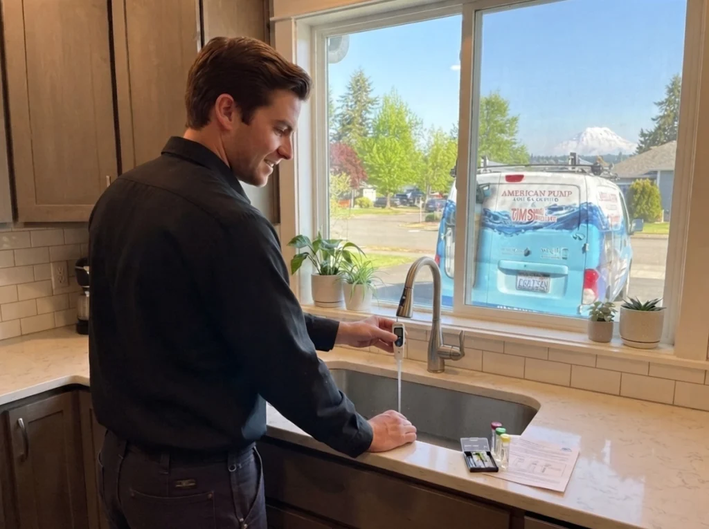 A technician testing the water in the kitchen of a home.
