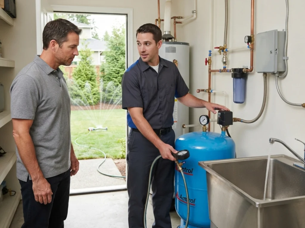 Olympia homeowner reviewing low well water pressure with a technician