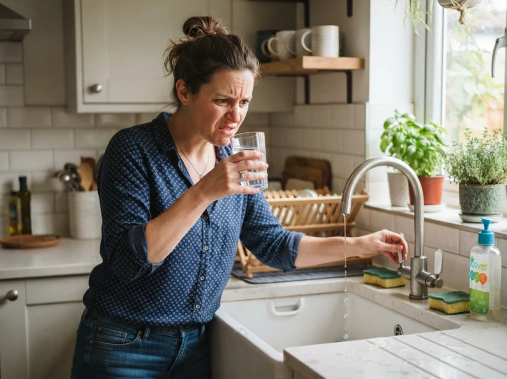 A woman's drinking water taste foul because the water filter is not working