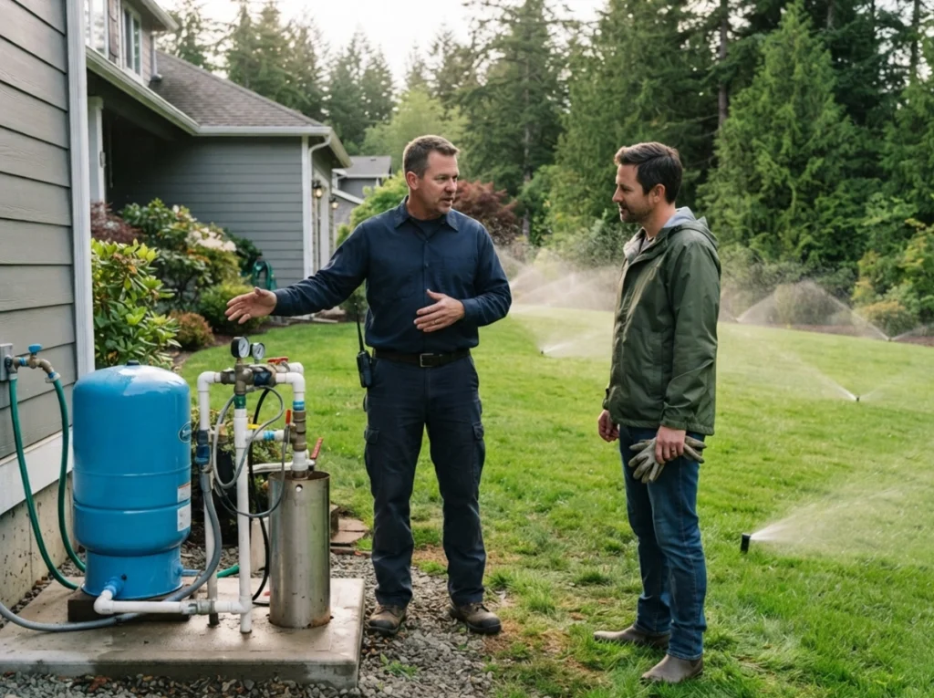 Plumber explaining well water capacity needs to a homeowner next to a private well and irrigation system on a residential property in Olympia, Washington