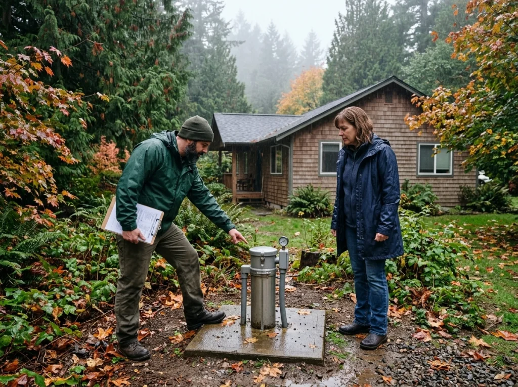 Olympia homeowner inspecting well drainage with a water well contractor
